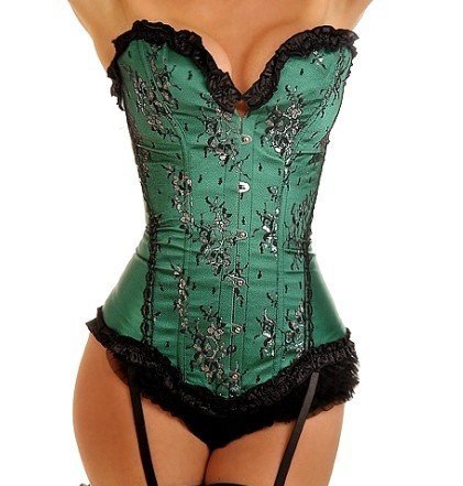 Sexy green satin lace up boned corset busiter with garter lingerie underwear + G-string S-2XL