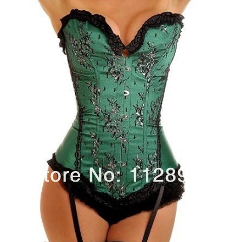 Sexy green satin lace up boned corset busiter with garter lingerie underwear + G-string S-2XL M0215