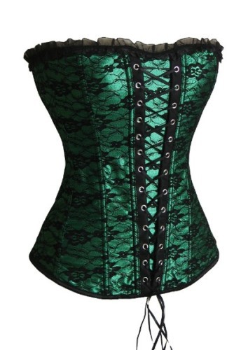 Sexy green satin with Lace Overlay Burlesque Corset Bustier Boned lace up bodyshaper S-2XL