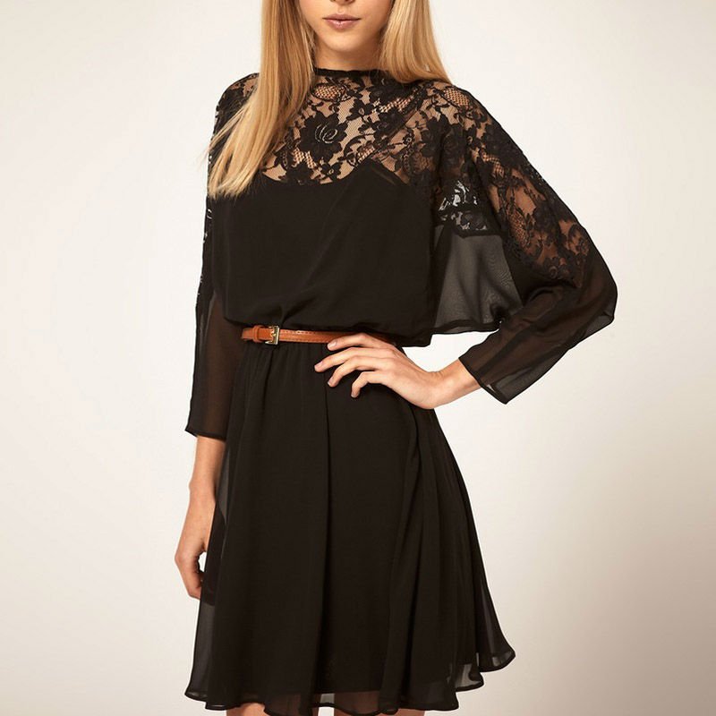 SEXY LACE BATWING CHIFFON DRESS WITH BELT WF-2589