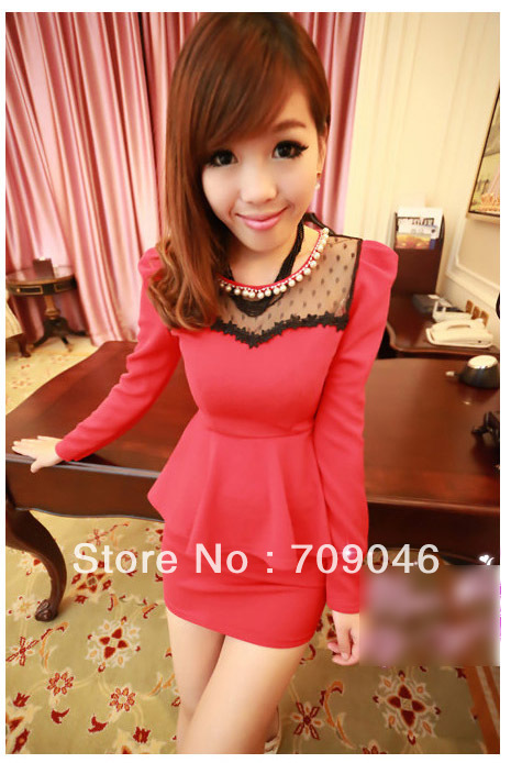 sexy lace beading solid  Beautiful beaded long-sleeve slim hip one-piece dress 12120723