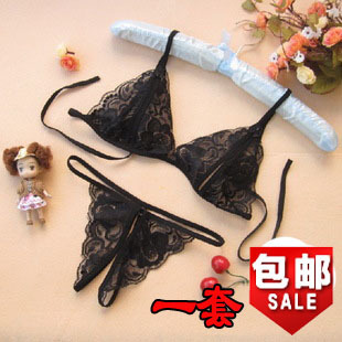 Sexy lace chiffon bra open-crotch pants set transparent underwear women's temptation