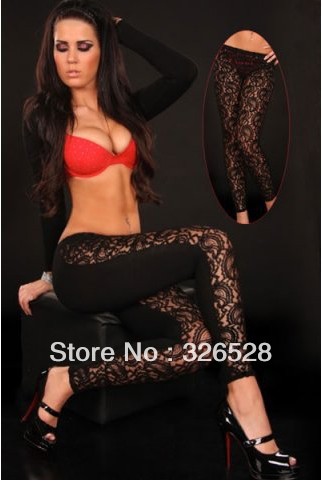 Sexy Lace Leggings & back wet look Faux leather Pants Tights LB13151 Free Size