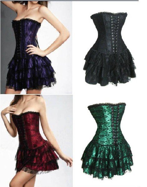 Sexy Lace Overlay Burlesque Corset Bustier Satin Boned Corset Mini skirt G-string