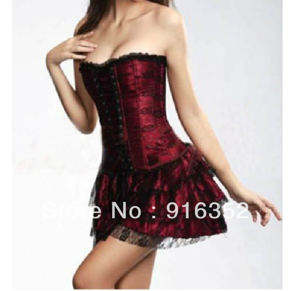 Sexy Lace Overlay Burlesque Corset Bustier Satin Boned Corset Mini skirt Gstring free shipping