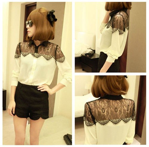 Sexy Lace Shoulder Insert Chiffon  Blouse Shirt Top 0068#