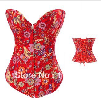 Sexy Lace up boned Red jeans flower print corset busiter showgirl outwear +G-string S-XXL   M0183