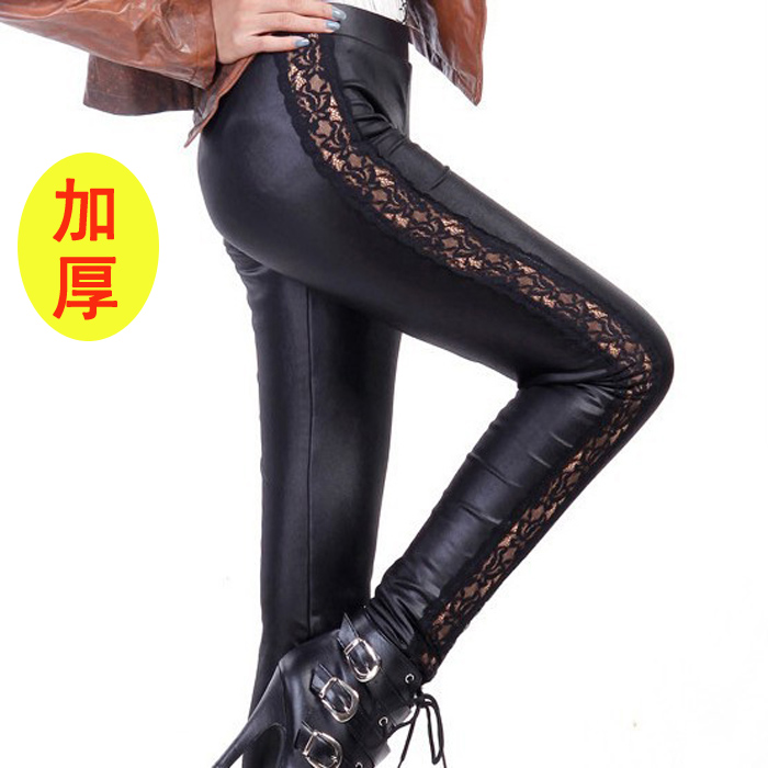 Sexy Ladies faux leather thickening legging with lace decoration inside koala velvet warm pants tights women Free Shipping