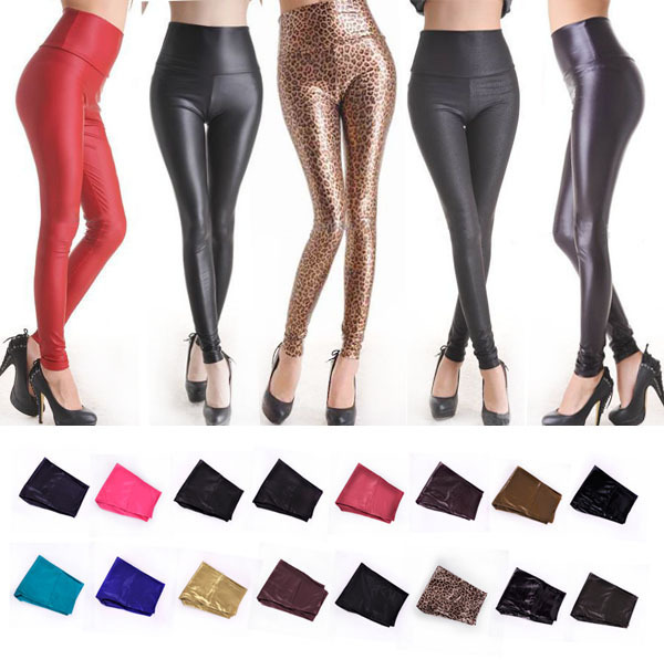 Sexy Ladies High Waist Stretch Faux Leather Look Tights Leggings Pants with color mixed