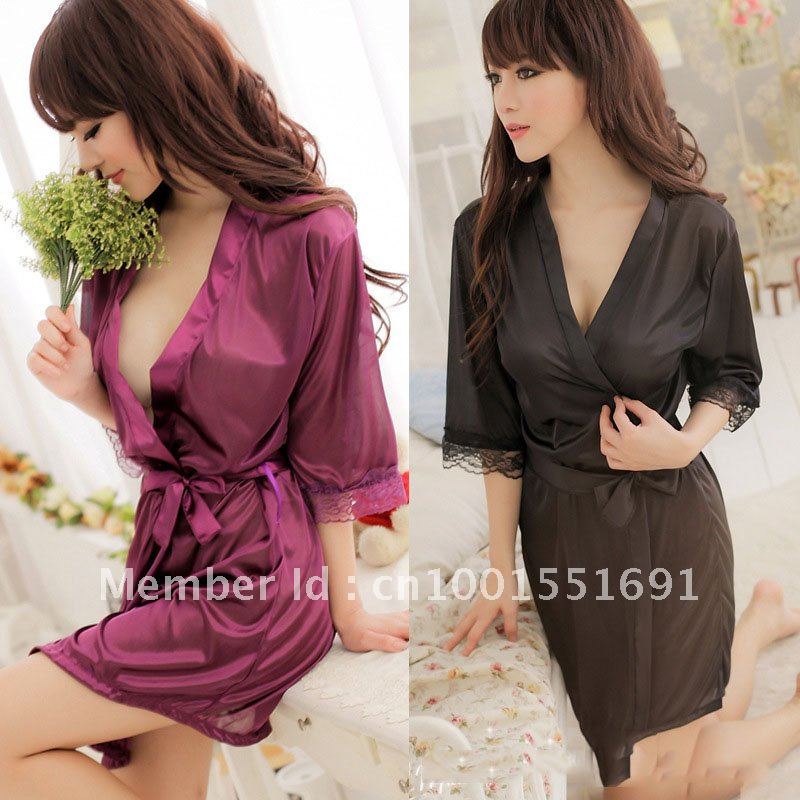 SEXY Lady Lingerie Sleepwear BATH ROBE Kimono Dress G-string panty Kit Free Shipping