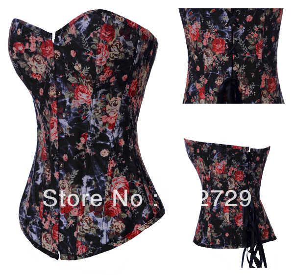 Sexy lady's corset bustier Black floral print jeans boned lace up lingerie bodyshaper clubwear factory supplier S-2XL