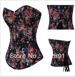 Sexy lady's corset bustier Black floral print jeans boned lace up lingerie bodyshaper clubwear factory supplier S-2XL    M0193