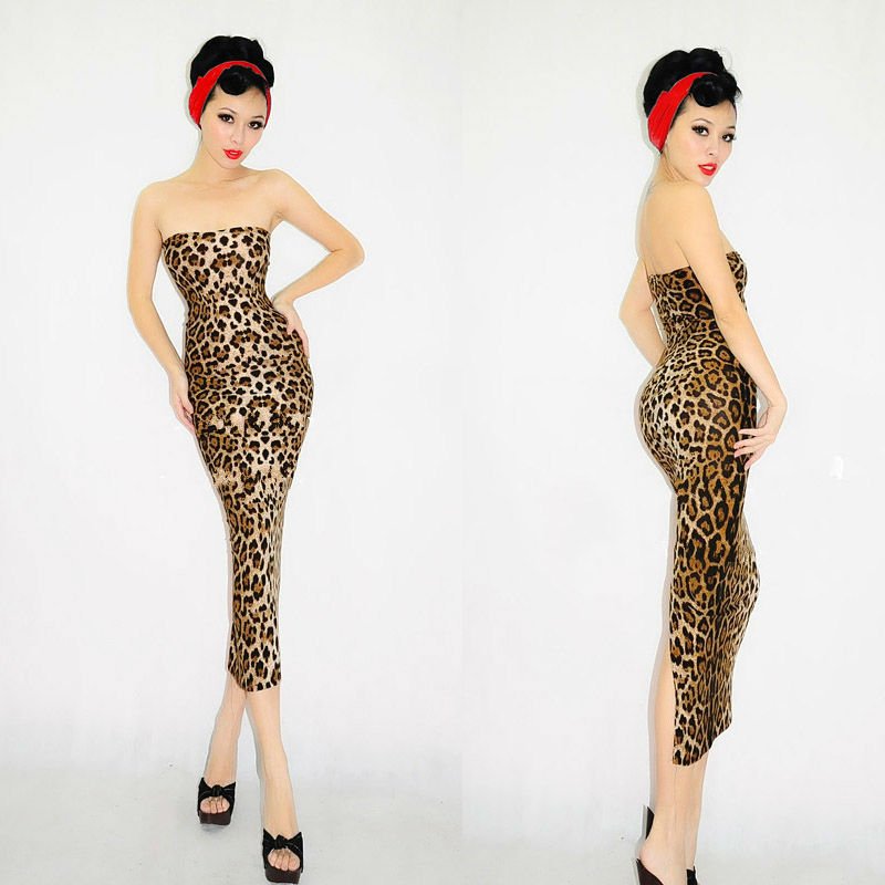 SEXY LEOPARD PRINT BODYCON STRAPLESS DRESS WITH BACK SPLIT 2950