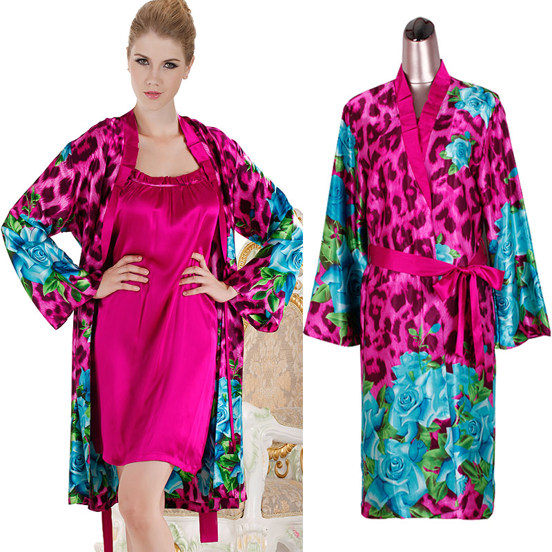 Sexy leopard print long-sleeve robe female silk purple spaghetti strap sleepwear nightgown twinset lounge