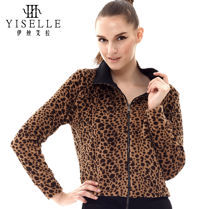 Sexy leopard print lounge zipper stand collar long-sleeve outerwear top 5130