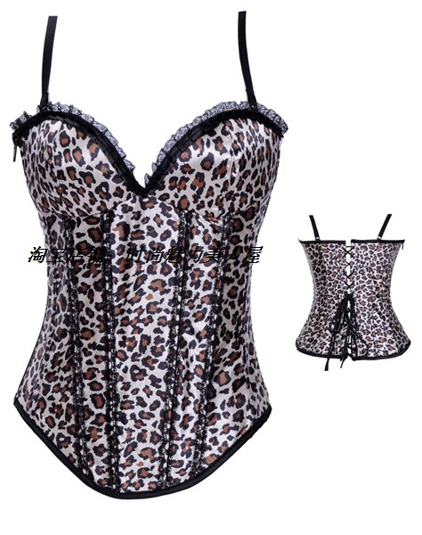 Sexy leopard print shoulder strap zipper style tight shapewear vest lace decoration 8997