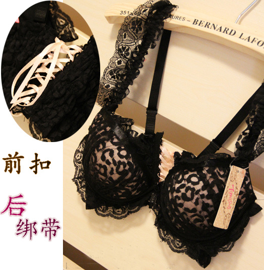 Sexy leopard print underwear front button cross push up deep V-neck bra lace material bandage bra set