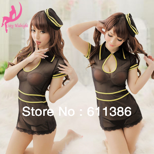 Sexy Lingerie Flight Attendant Stewardess Halloween Costume cosplay lolita dress hat top gstring 3pcs pajama free shipping A1