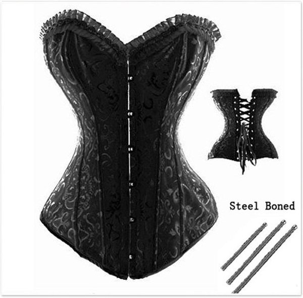 Sexy lingerie Hot sell Long White Brocade Pattern (1/2" Steel bones throughout) Corset + Freeshipping - 2615black