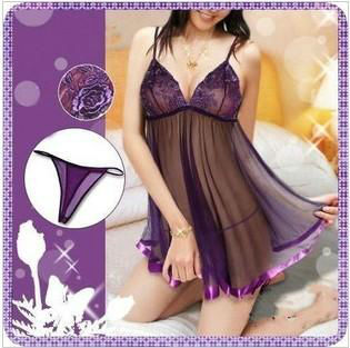 Sexy LIngerie Temptation Flower Transparent Nightgown Harness Dress+G-string