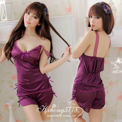 Sexy Lingerie Women's lounge purple satin spaghetti strap top short culottes lace princess dress sexy sleep set 7010