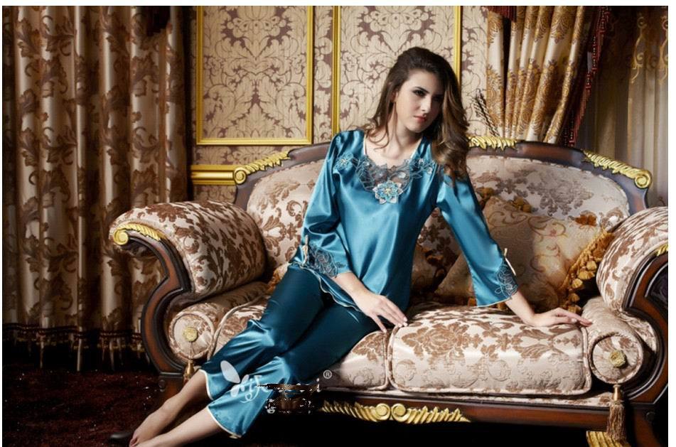 Sexy lingerie Women's Sexy Faux Silk Sleepwear Three Quarter Sleeve Silk Elegant Pajama Sets