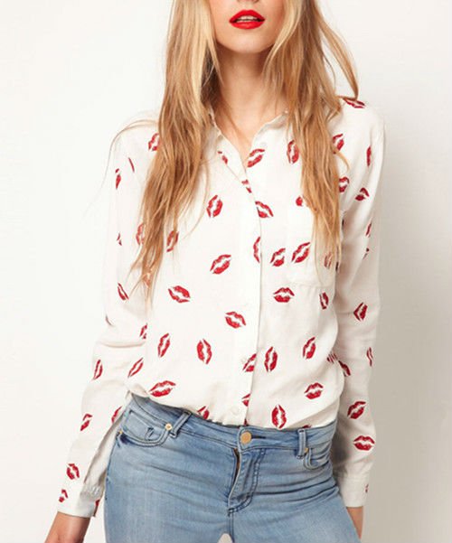 Sexy Lip Print Long Sleeve Blouse Shirt Top Free Shipping Size S M L 0066#