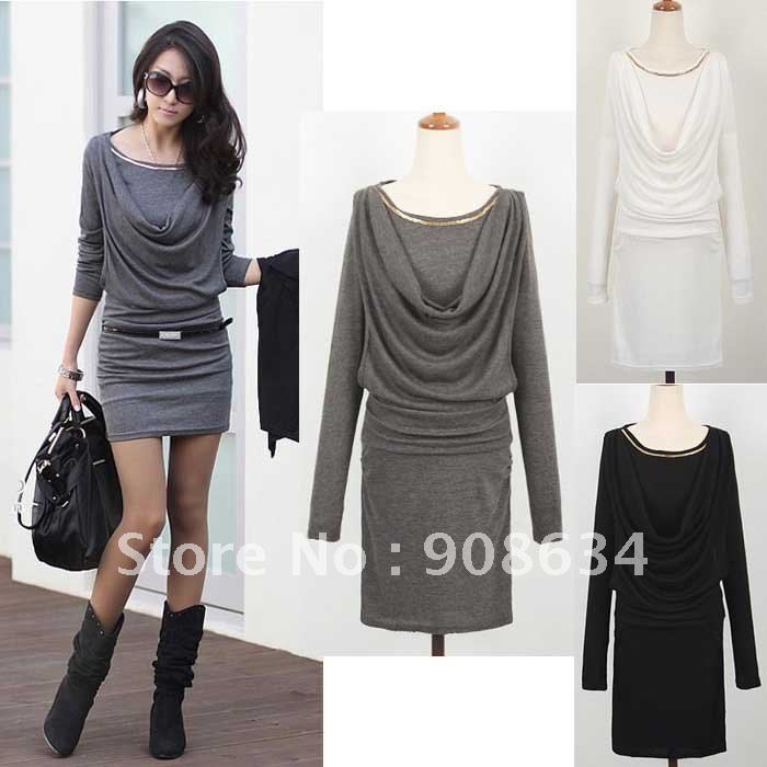 Sexy Long Sleeve Free Size Cotton One-piece Casual Dress Skirt T-shirt Sweater