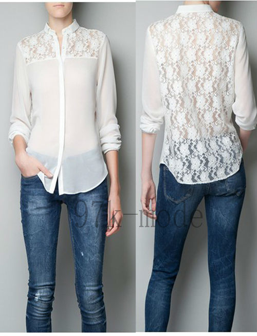 SEXY LONG SLEEVE Perspective LACE CHIFFON SHIRT BLOUSE 3724