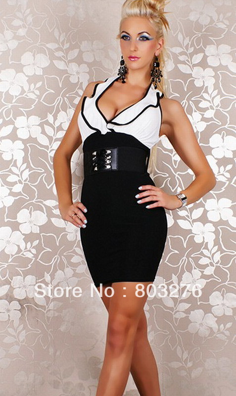 Sexy Mini Dress With Belt Black White  free shipping 2483