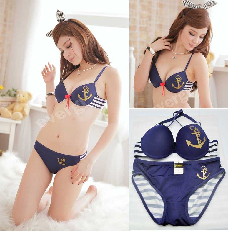 Sexy Navy Ships Anchor Mark Gathered Women's Bra sets Lingerie Panty Blue