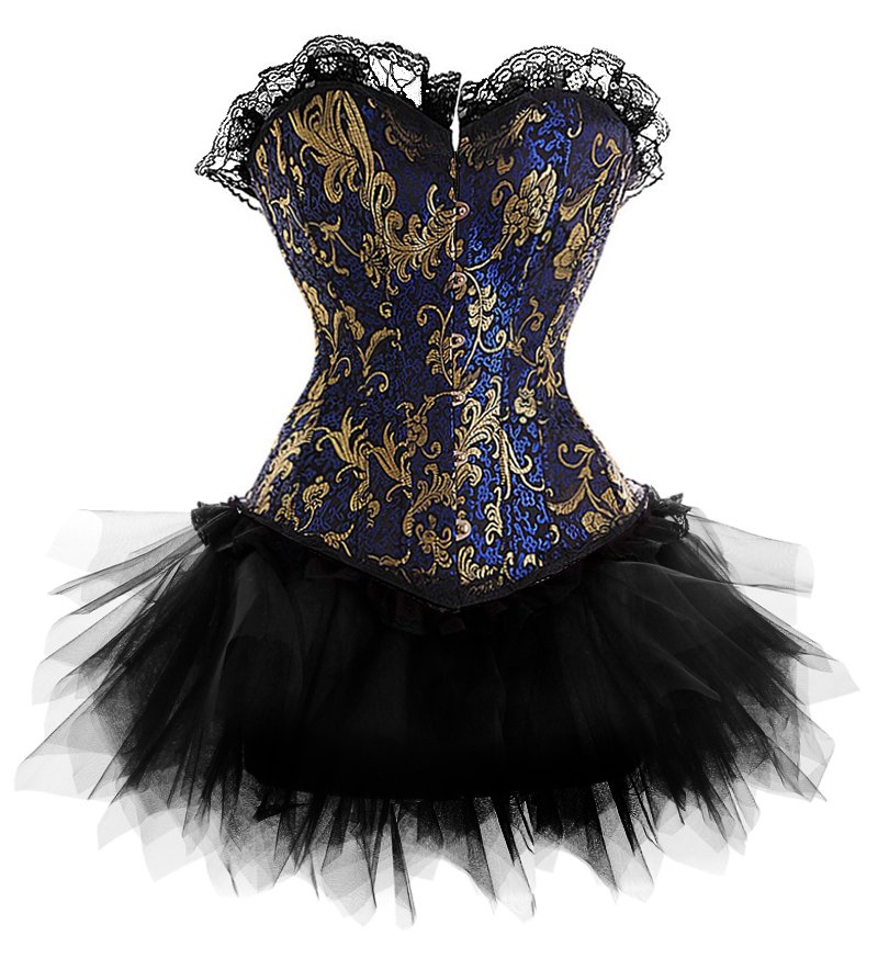 Sexy New Satin lace up boned Blue Gold Floral Lollita Corset Busiter & Tutu Skirt Clubwear showgirl S-2XL