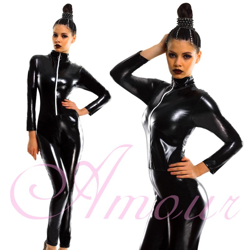 Sexy Overall Catsuit Costume Blk Goth Fetish Zipper Front Club Romper Free Shipping @P7030