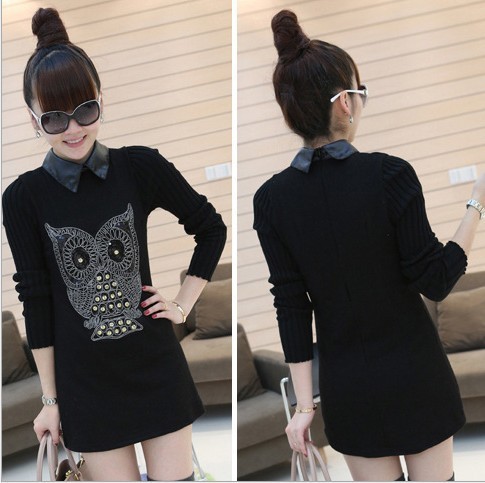 Sexy owl fight the leather lapel long sleeved Korean dress T066