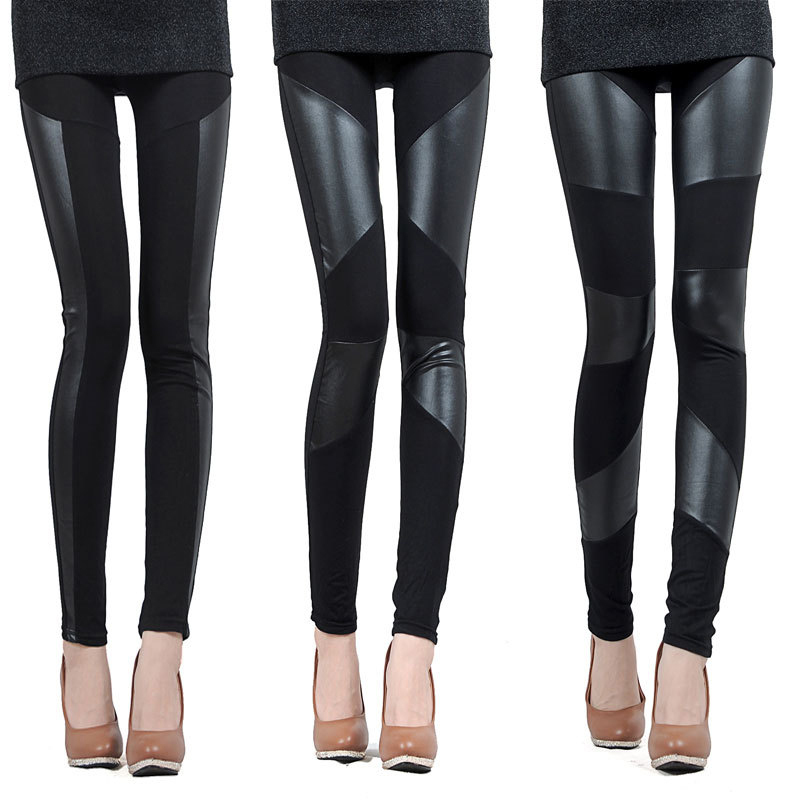 Sexy personality fashion tight pencil black slim faux leather patchwork legging trousers