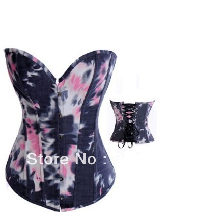 Sexy Pink&Black Dreamlike Pattern Denim Corset Overbust LB4465 Size S M L XL 2XL