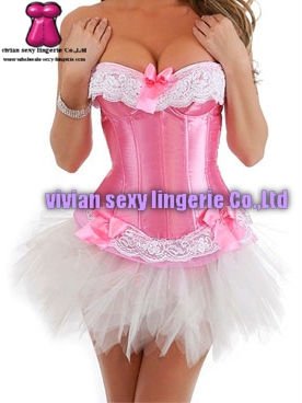 sexy pink corset Bustier  & Pettiskirt Sets with  lace1518P/(S,M,L,XL,XXL) wholesale price