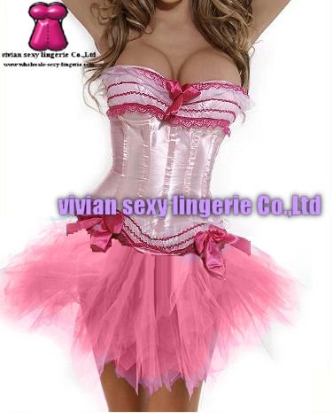 sexy pink corset Bustier&Pettiskirt Sets  with pink Bow and lace1519-2(S,M,L,XL,XXL) wholesale price