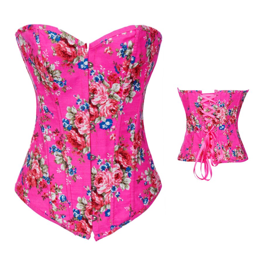 Sexy pink jeans with flower print   body shaper  Lace up  Corset  Bustier  clubwear   +G-string  S-XXL