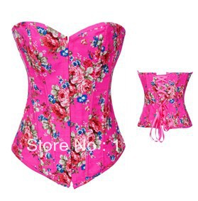 Sexy pink jeans with flower print body shaper Lace up Corset Bustier clubwear +G-string S-XXL   M0149