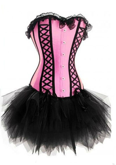 sexy pink overbust corset&bustier ribbon lace black tutu skirt+G-string suit