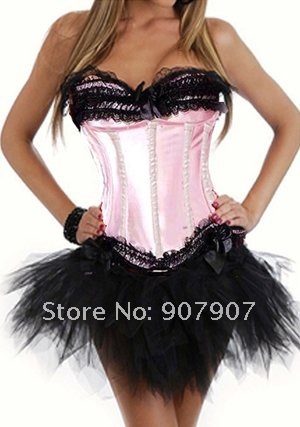 sexy pink satin boned lace corset Bustier&Pettiskirt 1428-2(S,M,L,XL,XXL) wholesale price