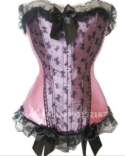 Sexy Pink /white Satin Burlesque Boned Corset Busiter With Black Lace Overlay & Ribbon Trim Free shipping Factory supplier