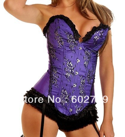 Sexy purple lace up boned corset bustier with garter bodyshaper + G-string S-2XL