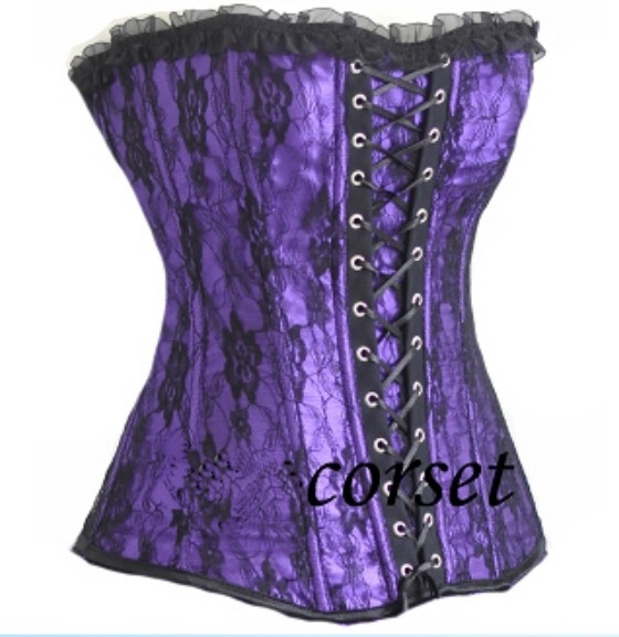 Sexy purple lace up boned zipper side lace overlay corset bustier S-2XL