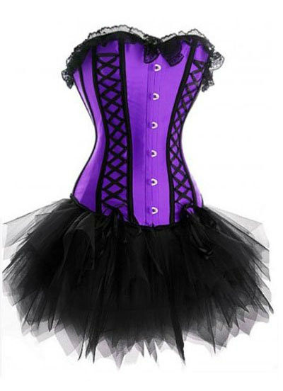 sexy purple overbust corset&bustier ribbon lace tutu skirt+G-string suit