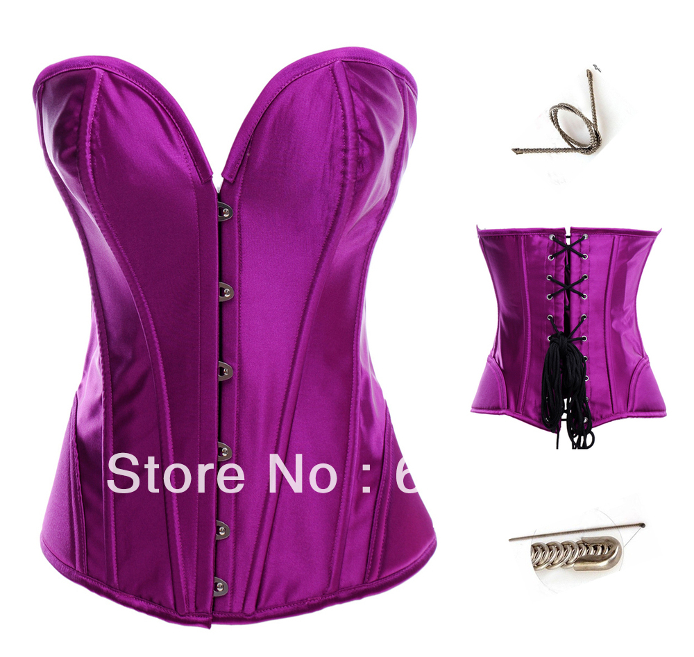 Sexy purple satin steel boned lace up lingerie clubwear factory supplier S-XL