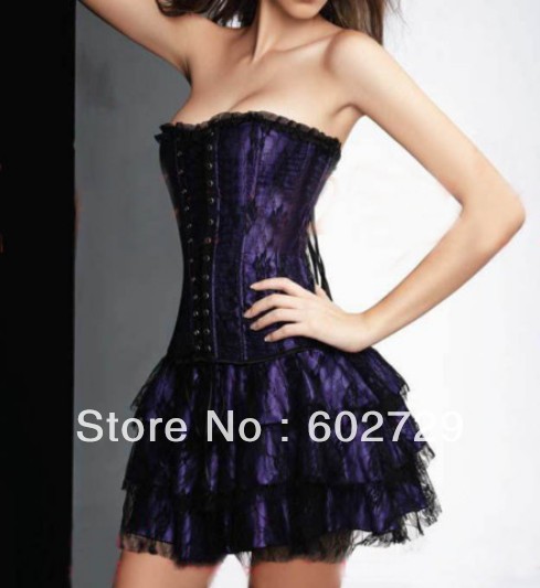 Sexy purple with black lace overlay showgirl Corset Bustier + Mini skirt +G-string factory supplier S-2XL