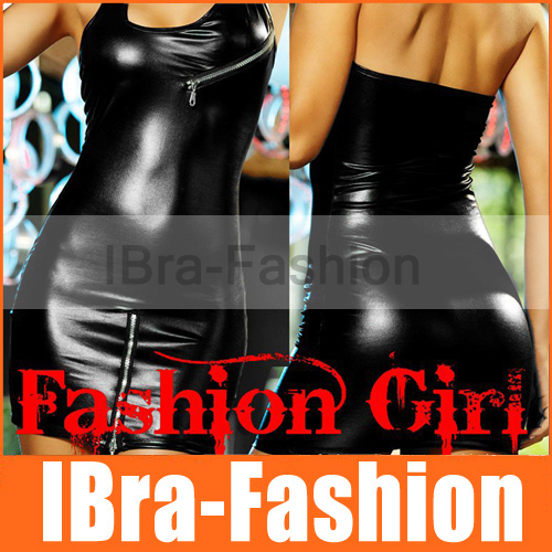 Sexy PVC leather Shiny Clubbing clubwear Womens Zippers Punk rock Party ladies mini dress DS sexy Costume Free shipping