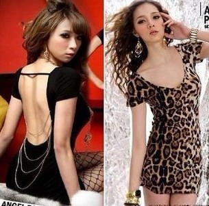 Sexy racerback chain tassel bag one-piece dress leopard print color black Hot Nightclub Party Mini Dress Back Free